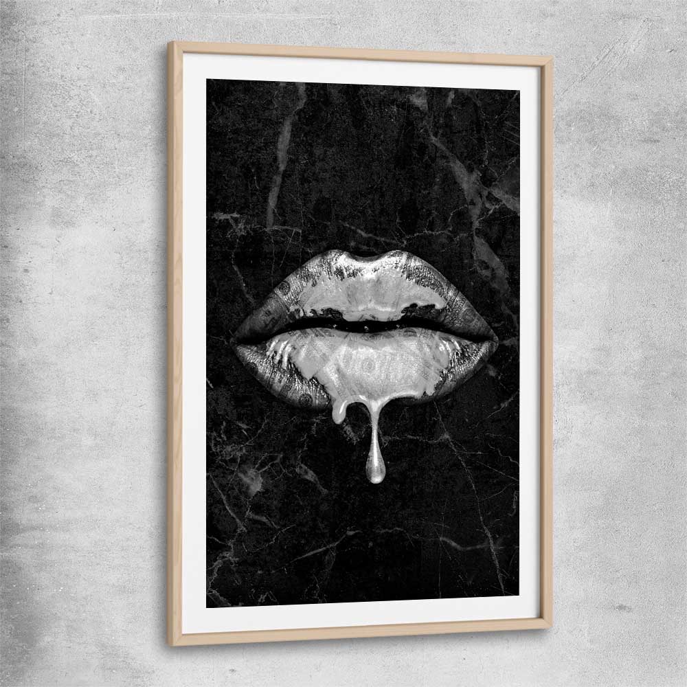 Darkened Lust raw oak glass front frame - part of our high quality canvas lips wall art collection