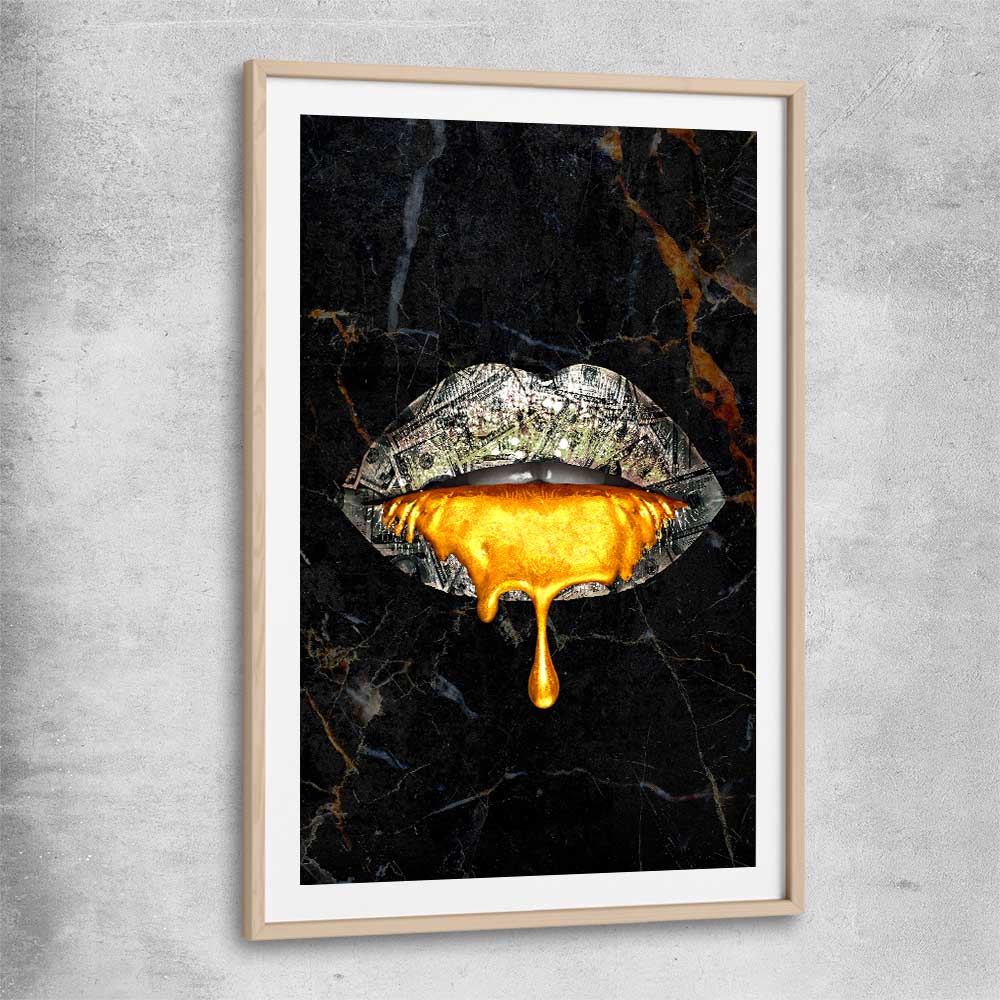 Golden Lust raw oak glass front frame - part of our high quality canvas lips wall art collection