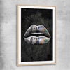 Money Lips raw oak glass front frame - part of our high quality canvas lips wall art collection
