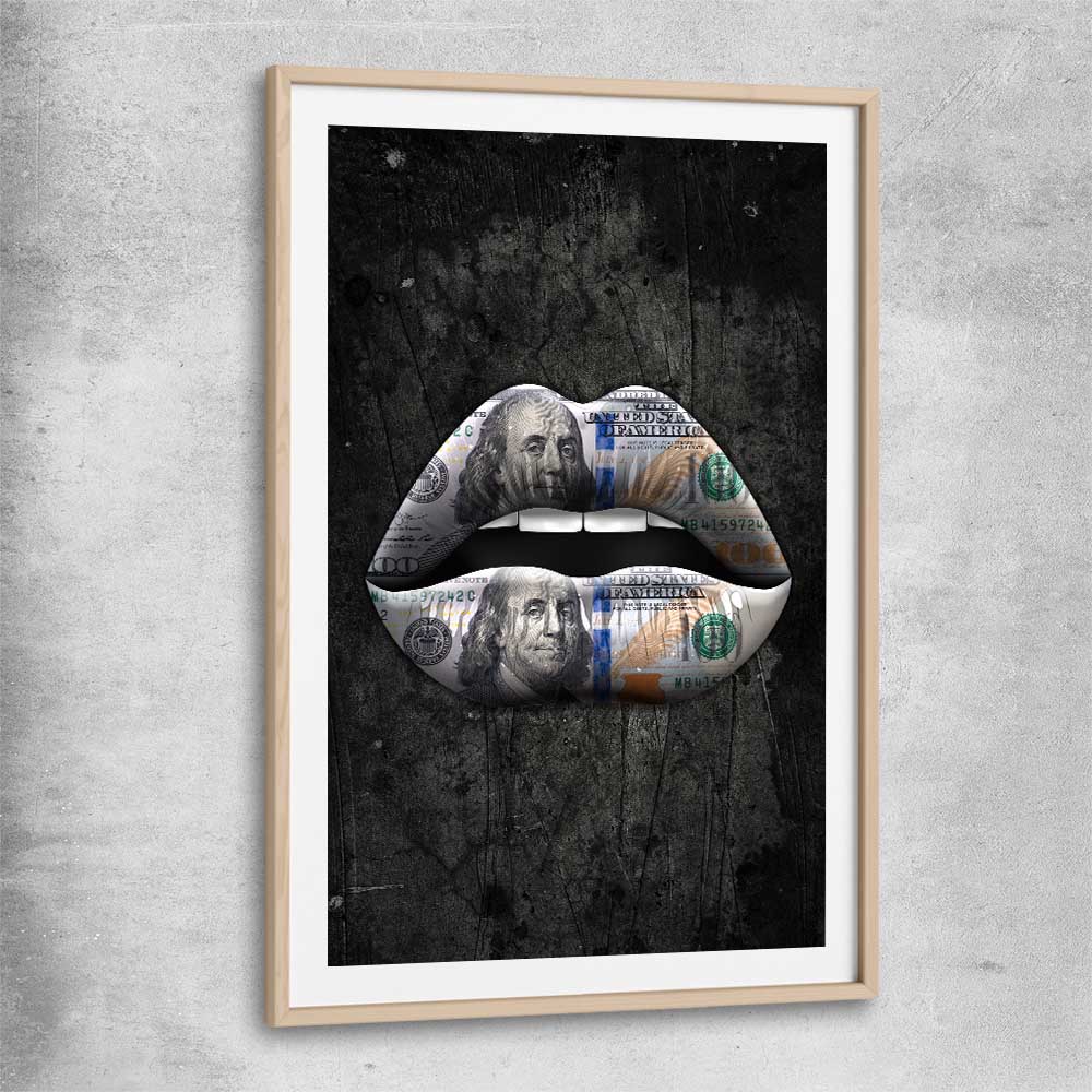 Money Lips raw oak glass front frame - part of our high quality canvas lips wall art collection