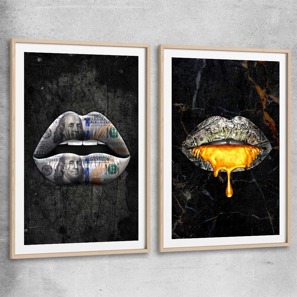 Money Lips Pair raw oak glass front frame - part of our high quality canvas lips wall art collection