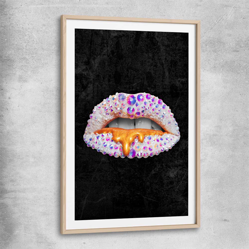 Purple Diamonds raw oak glass front frame - part of our high quality canvas lips wall art collection