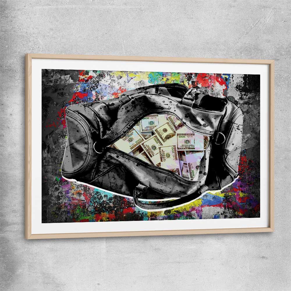 Money wall art print of Cash Duffel with raw oak glass front frame