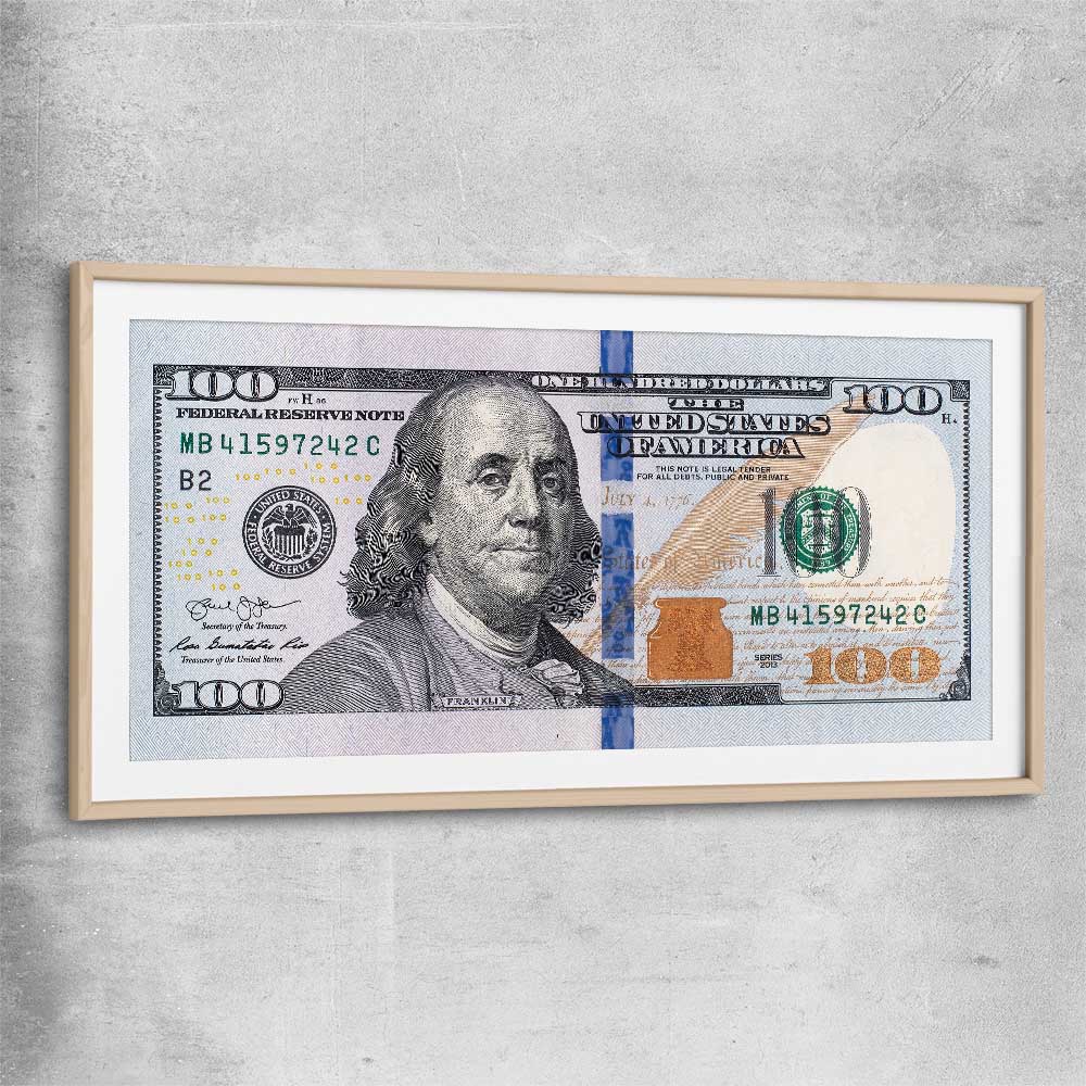 Money wall art print of Dollar Note with raw oak glass front frame