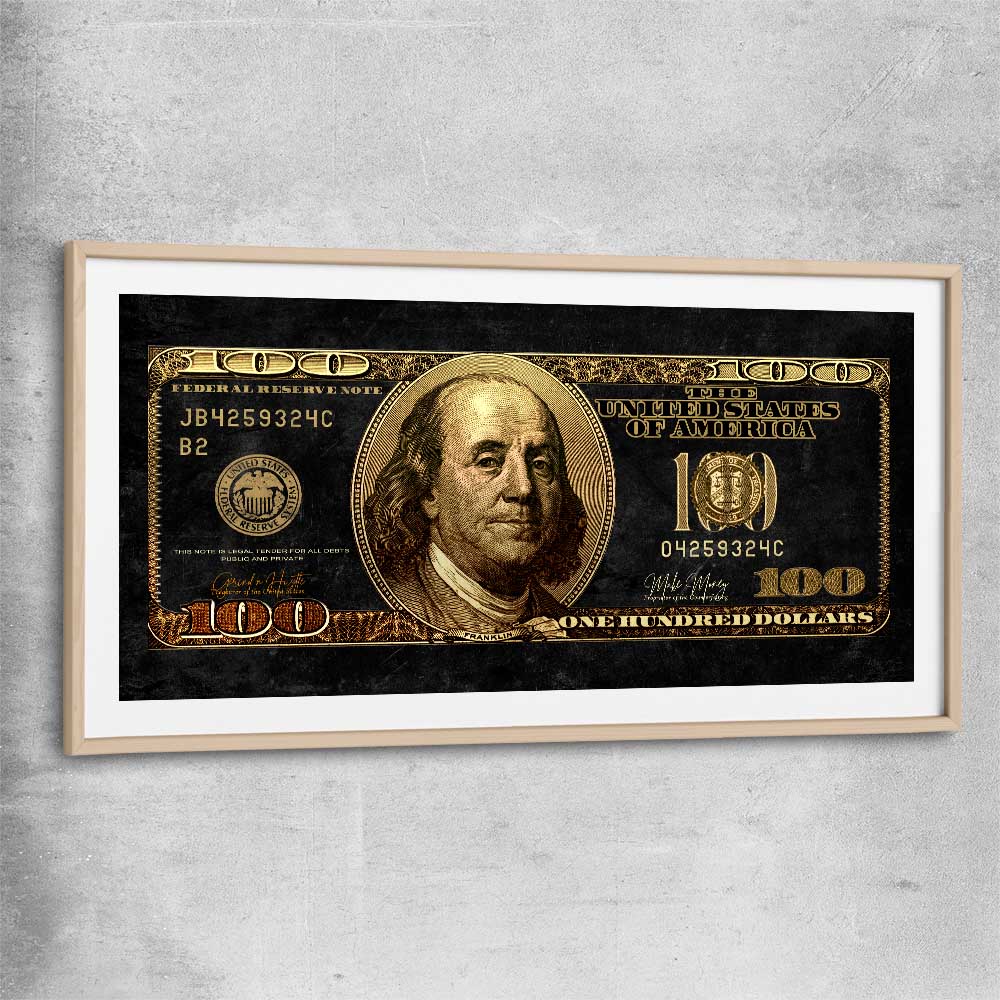 Money wall art print of Golden Bill with raw oak glass front frame