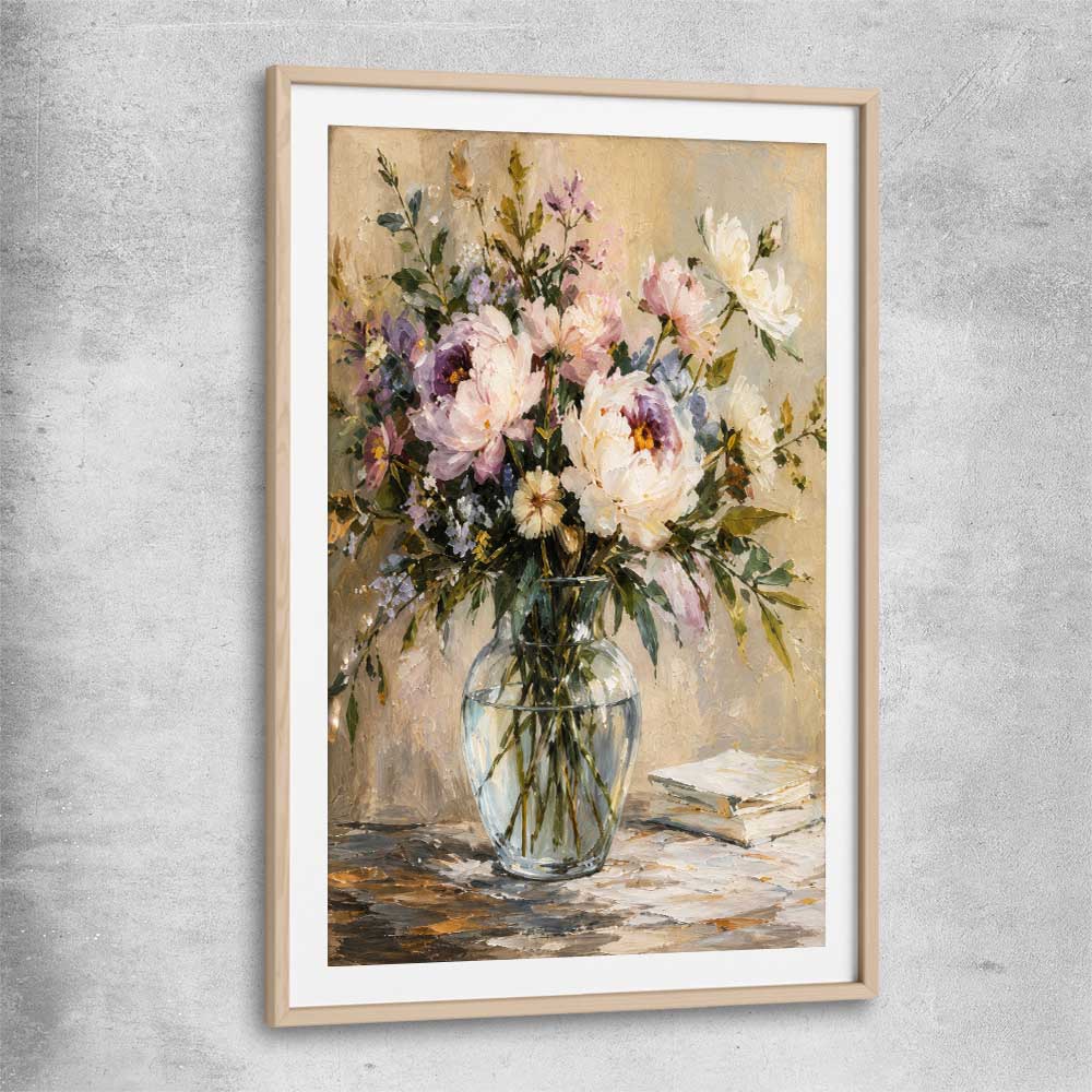 Floral print of Garden Peony with raw oak glass front frame