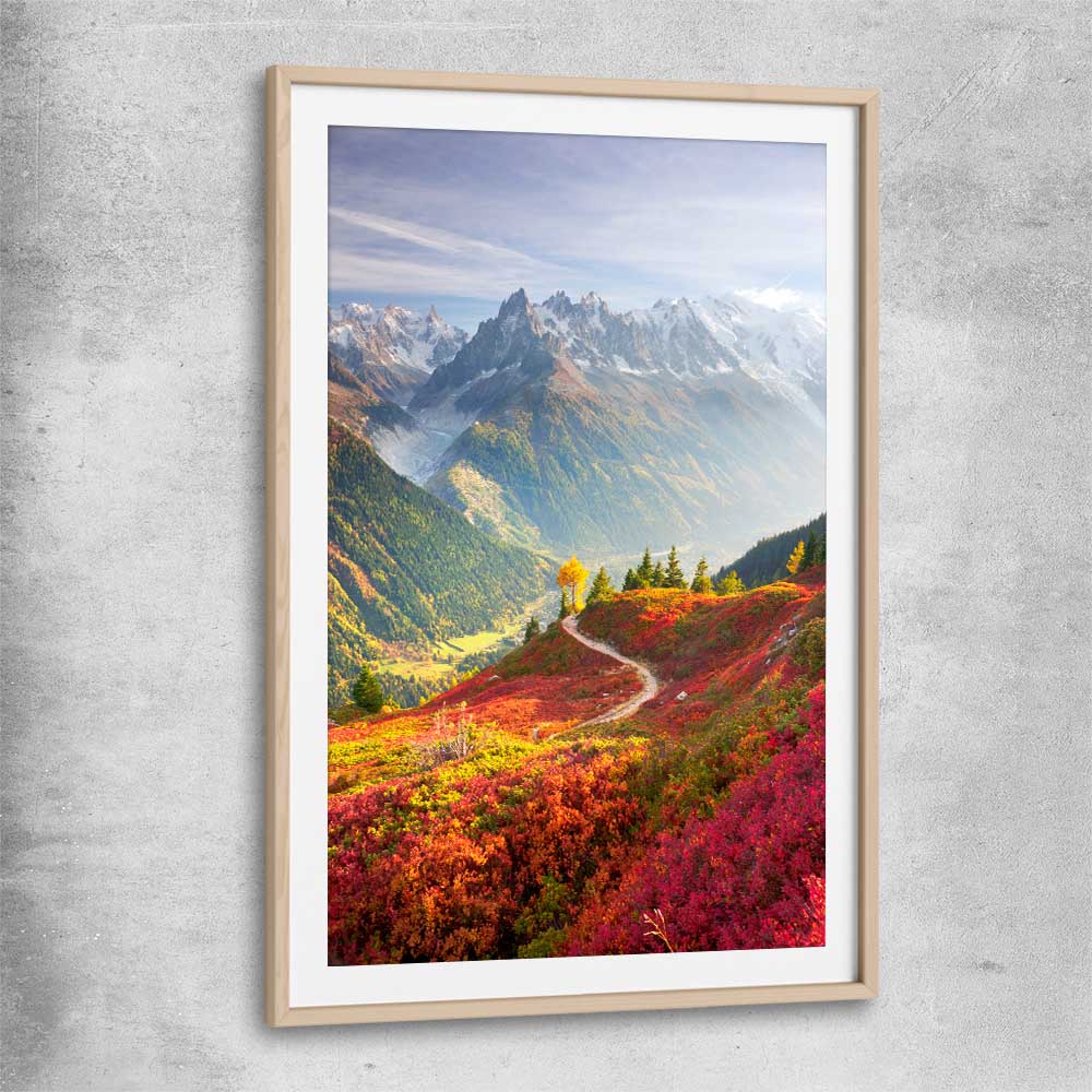 Floral print of Mont Blanc Autumn Valley with raw oak glass front frame