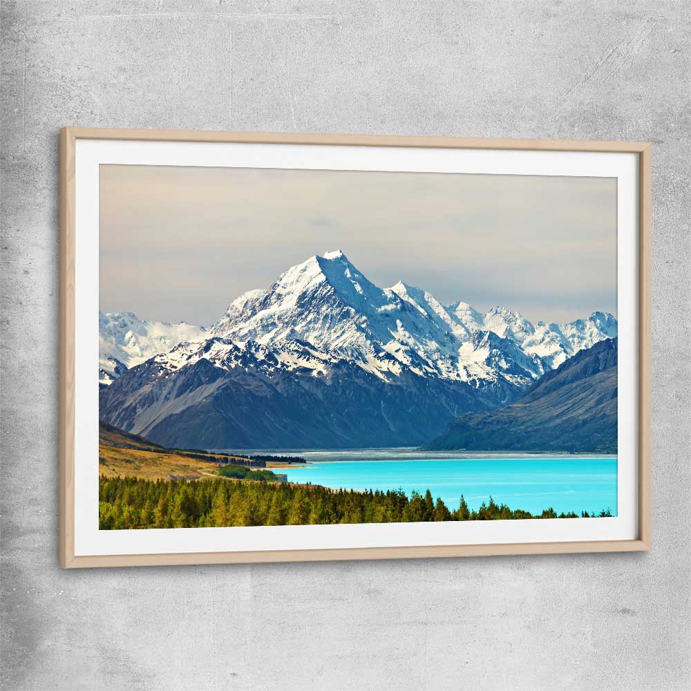 Floral print of Mount Cook Lake Tekapo with raw oak glass front frame