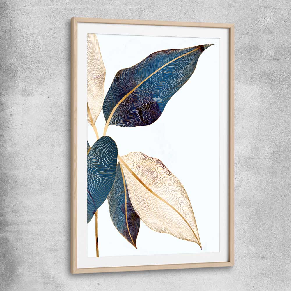 Floral print of Botanic Blue One with raw oak glass front frame