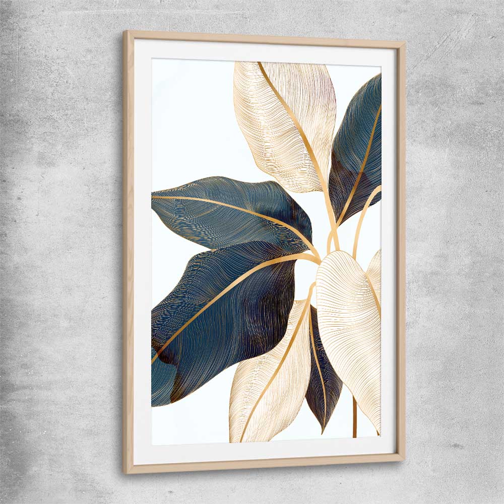 Floral print of Botanic Blue Three with raw oak glass front frame