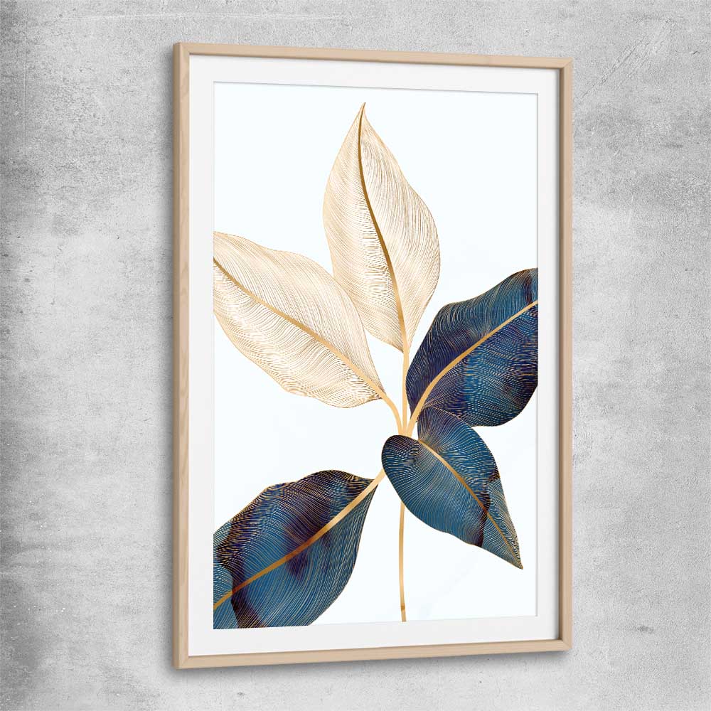 Floral print of Botanic Blue Two with raw oak glass front frame