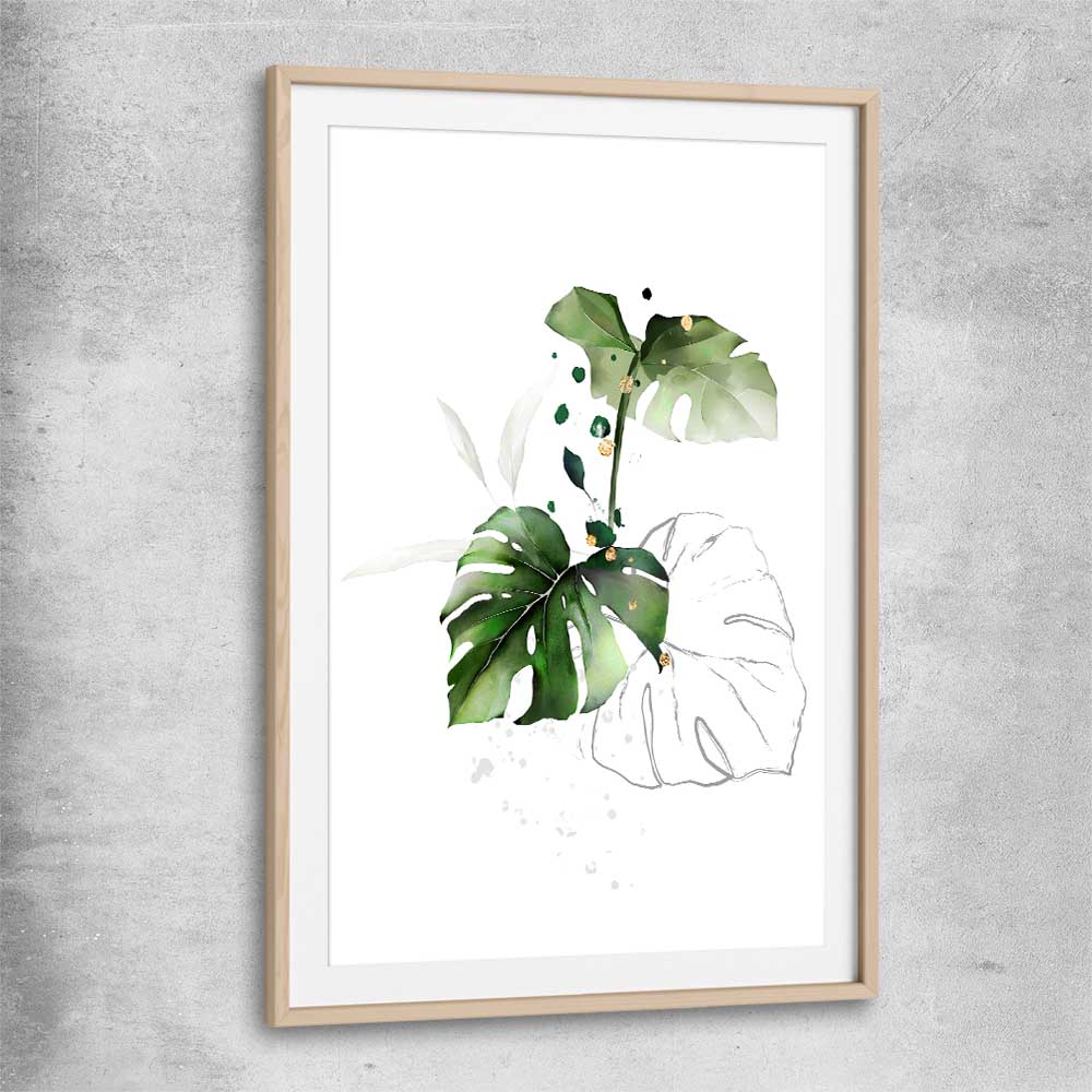 Floral print of Botanic Gold Three with raw oak glass front frame