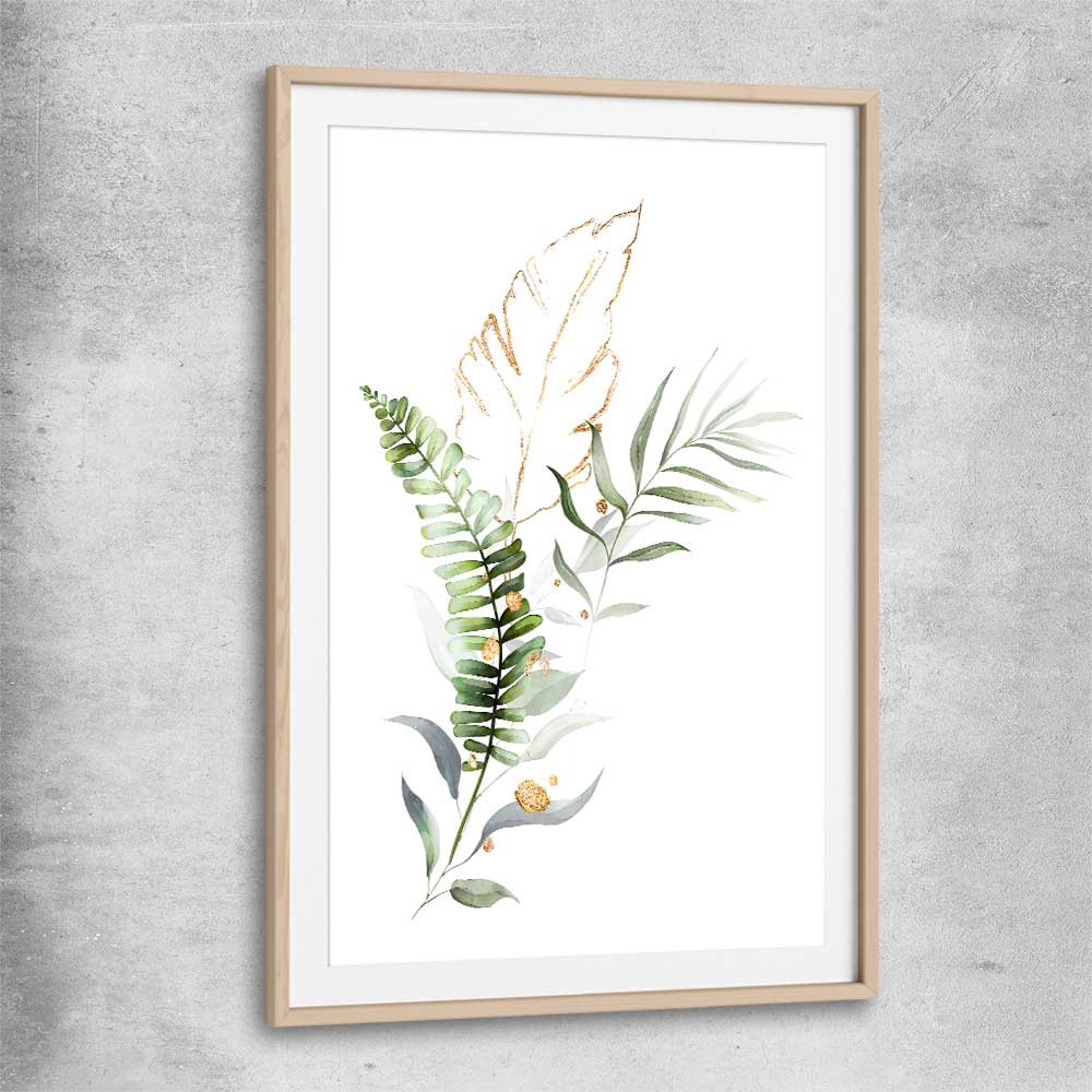 Floral print of Botanic Gold Two with raw oak glass front frame