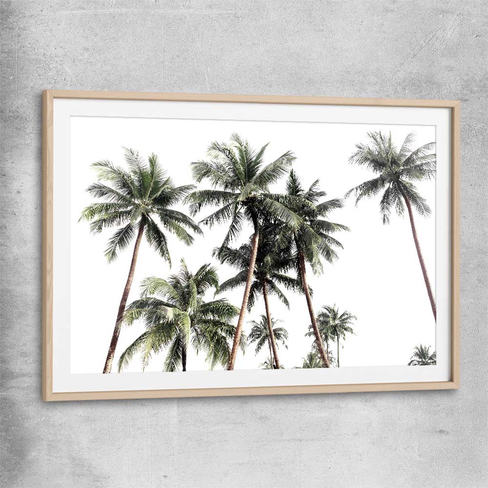 Floral print of Bright Palm Skies with raw oak glass front frame
