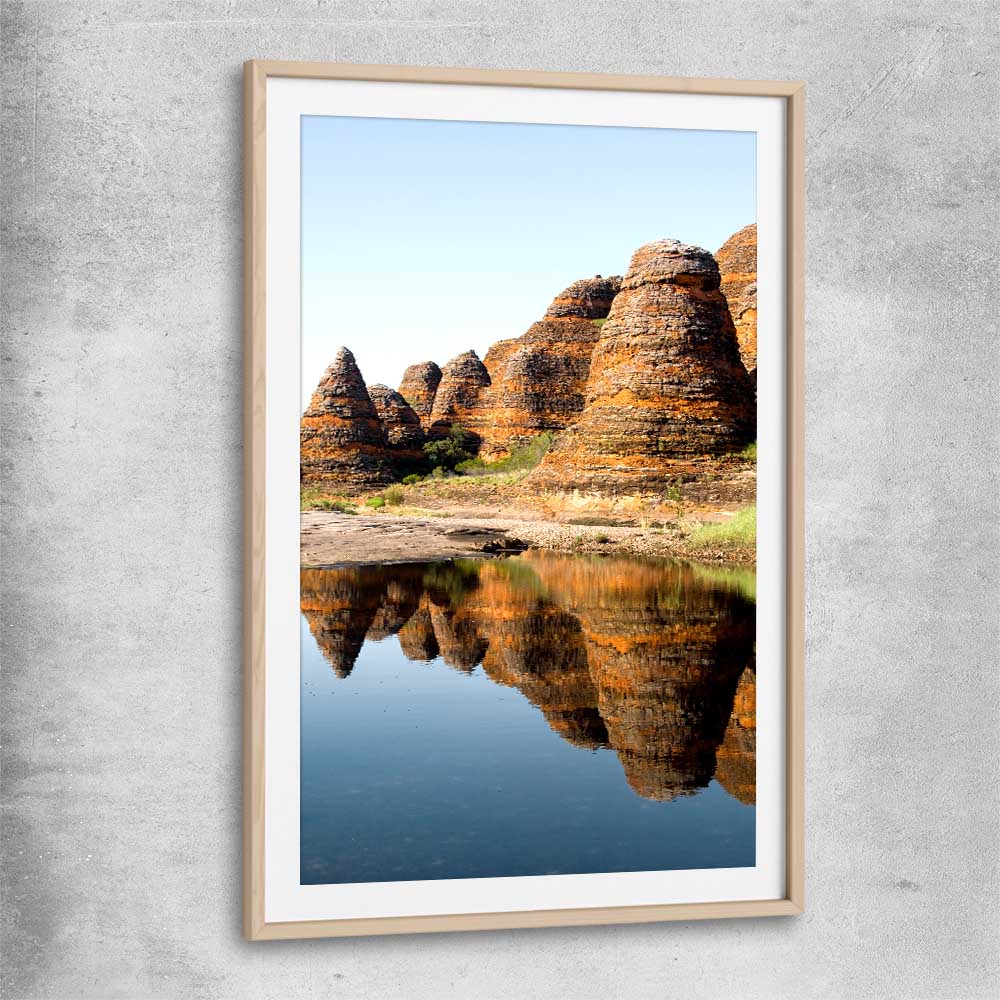 Floral print of Bungles Reflection with raw oak glass front frame