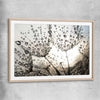 Floral print of Dandelion Seed Sunrise with raw oak glass front frame
