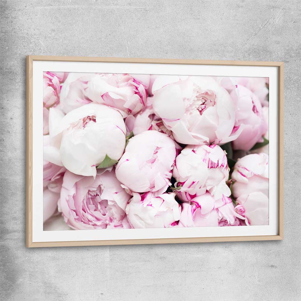 Floral print of Delicate Peonies with raw oak glass front frame