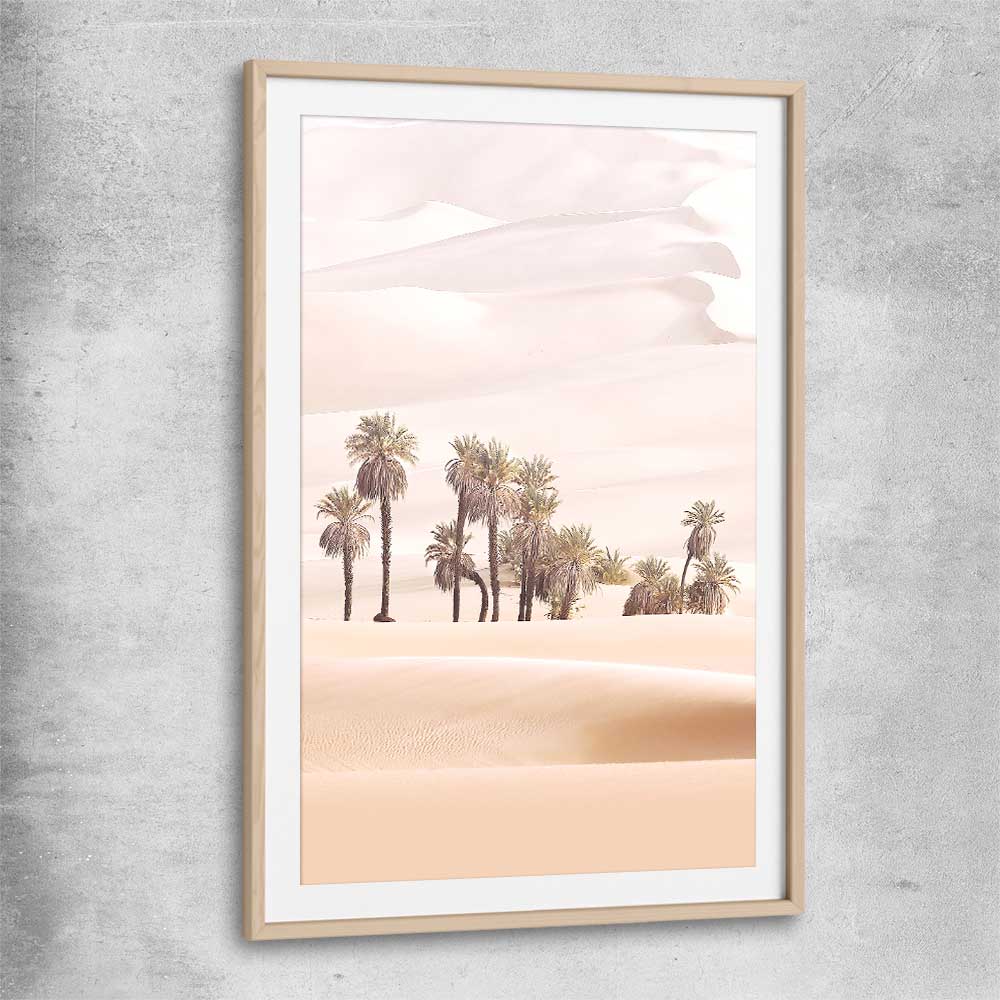 Floral print of Desert Dunes with raw oak glass front frame