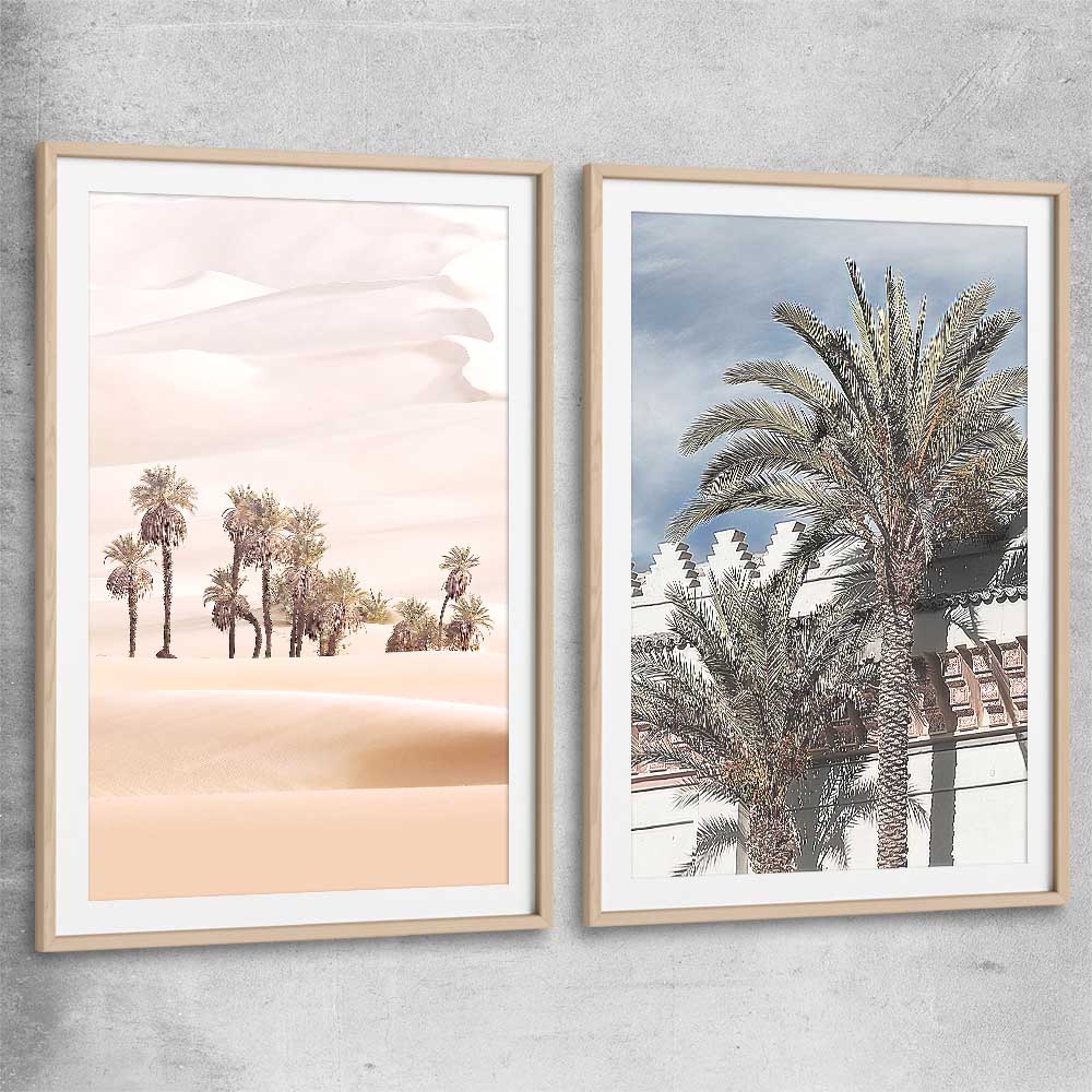 Floral print of Desert Dunes Pair with raw oak glass front frame