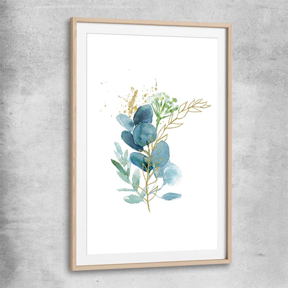 Floral print of Eucalyptus Bunch One with raw oak glass front frame