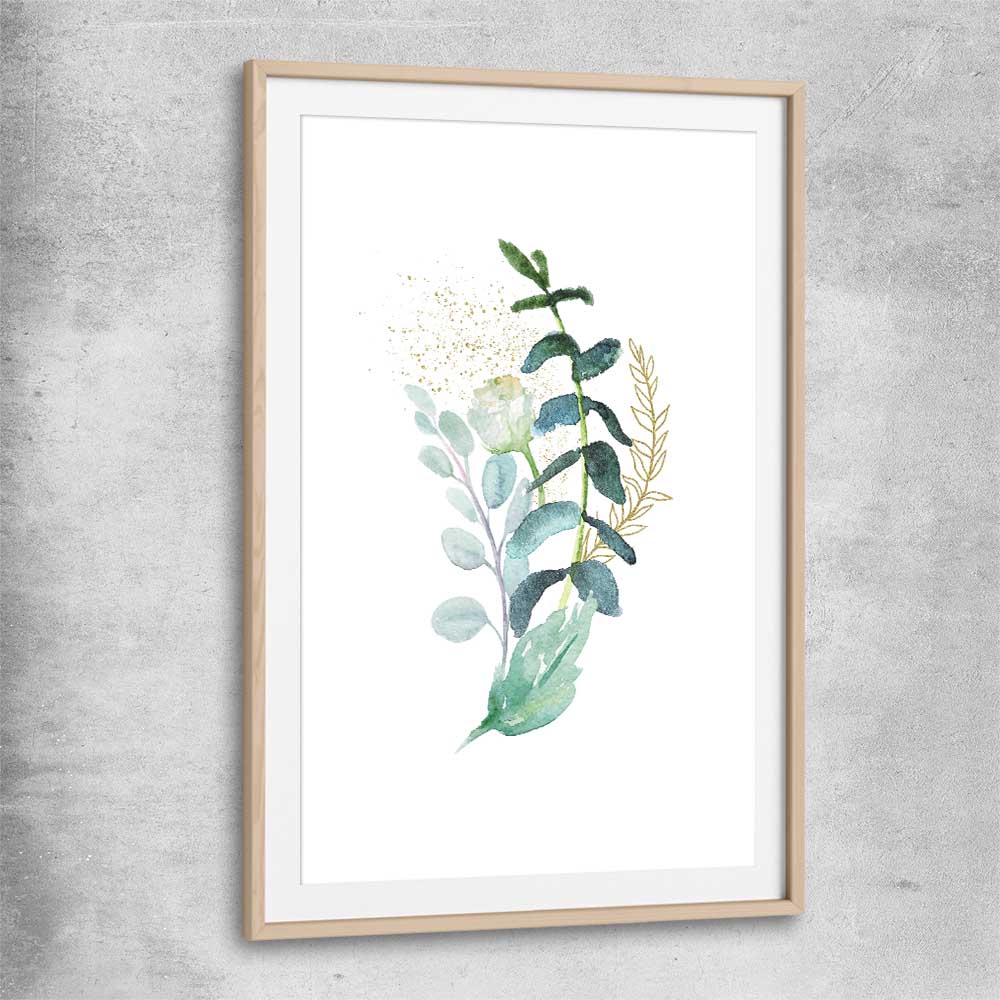 Floral print of Eucalyptus Bunch Three with raw oak glass front frame
