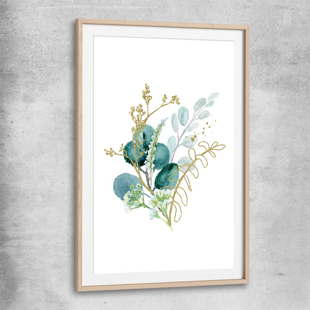 Floral print of Eucalyptus Bunch Two with raw oak glass front frame