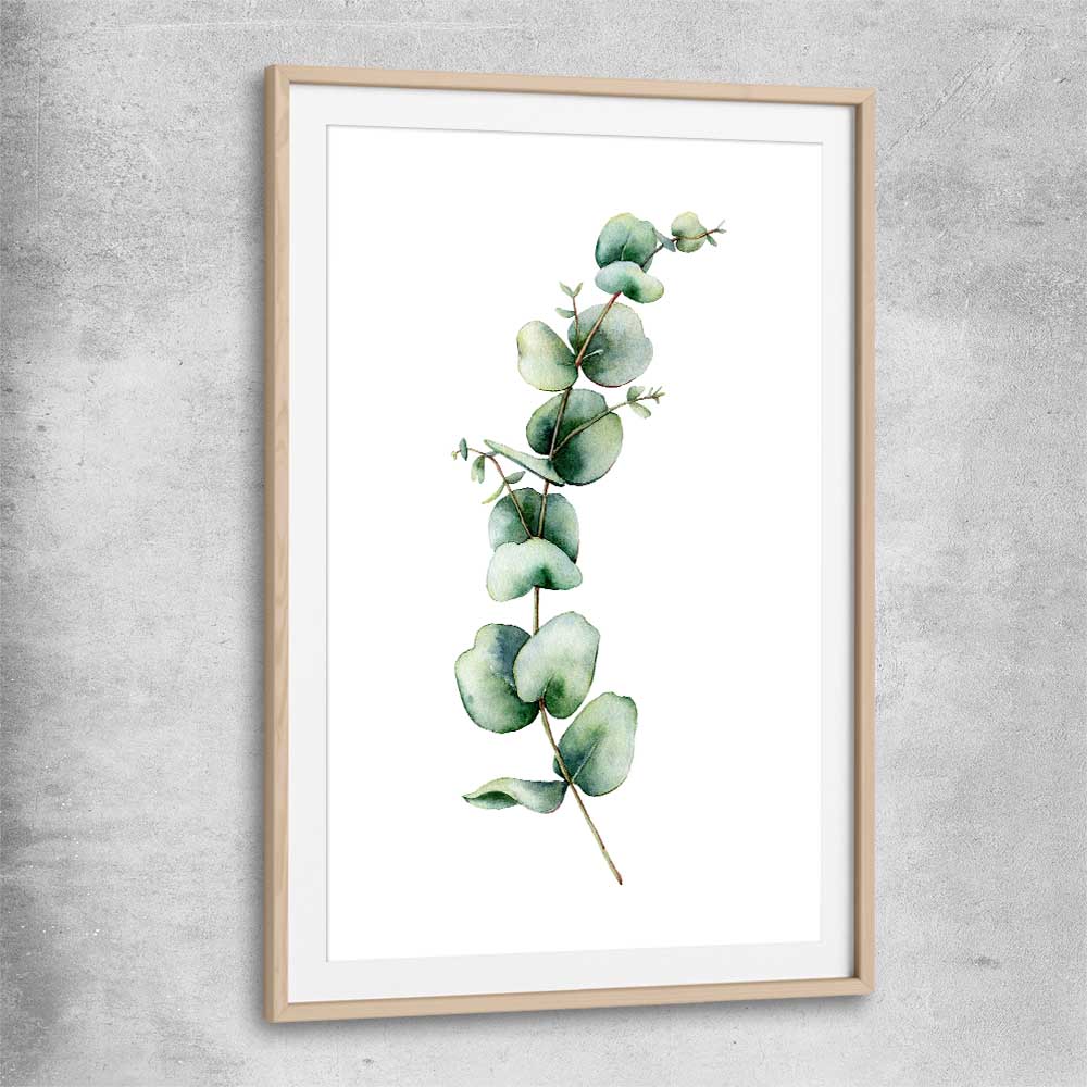 Floral print of Eucalyptus One with raw oak glass front frame