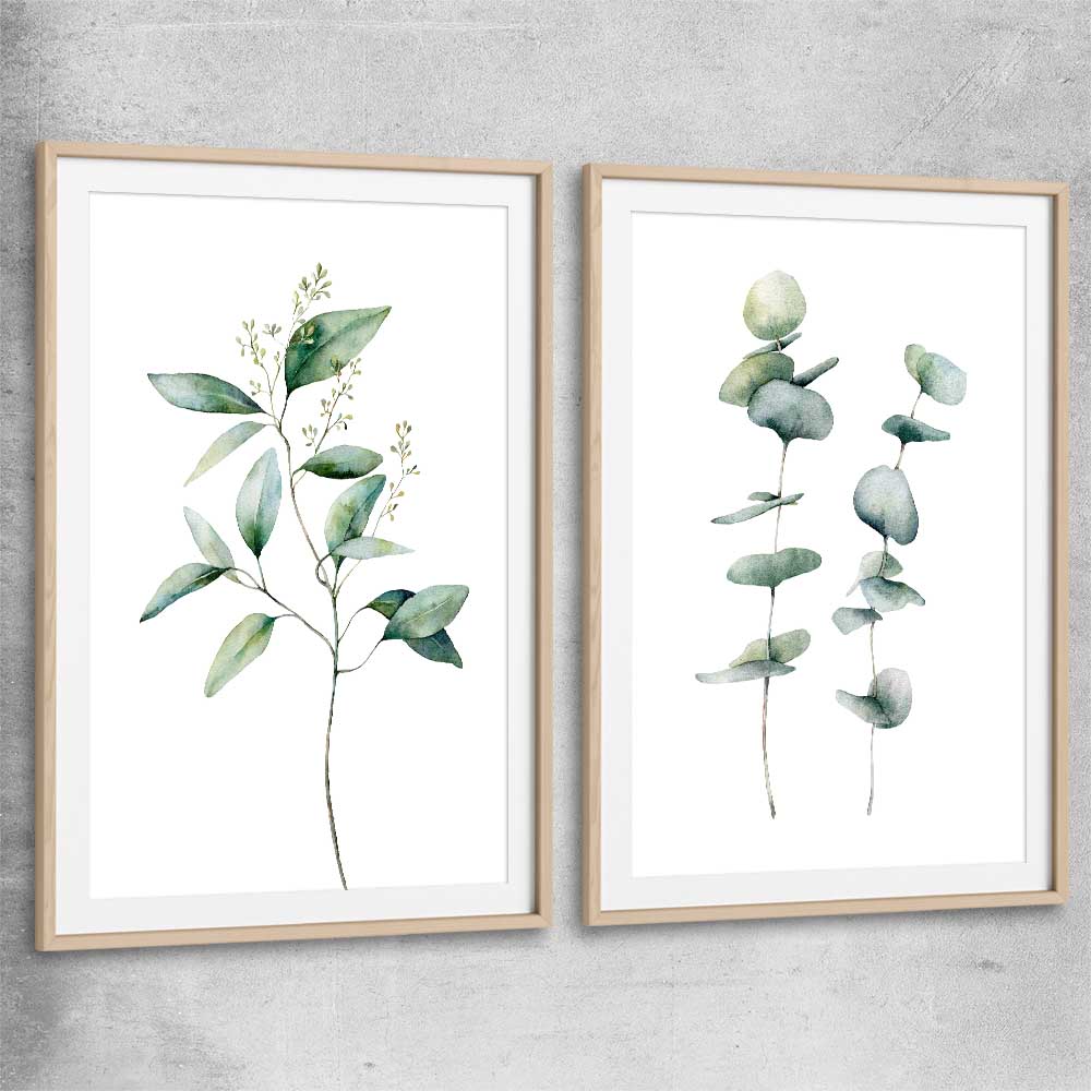 Floral print of Eucalyptus Pair One with raw oak glass front frame