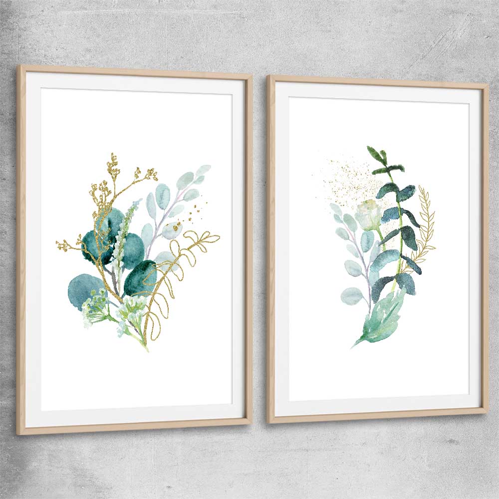 Floral print of Eucalyptus Pair Two with raw oak glass front frame