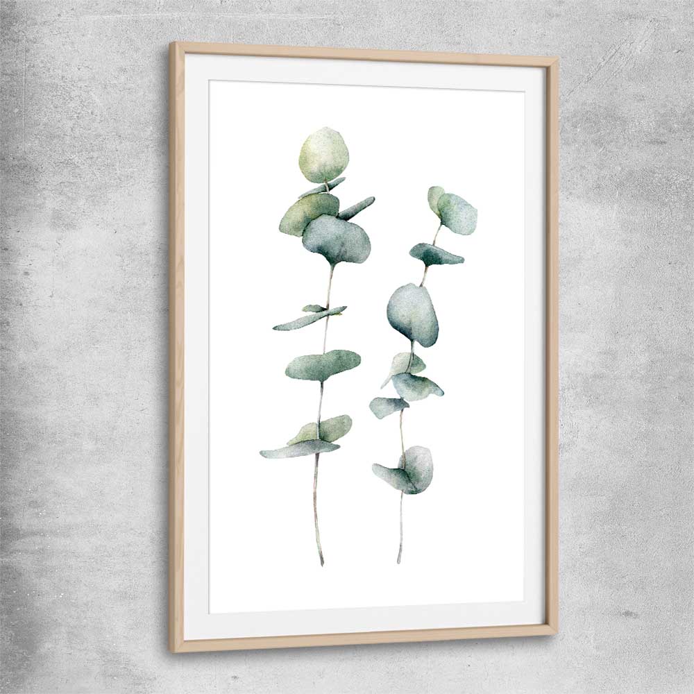 Floral print of Eucalyptus Three with raw oak glass front frame