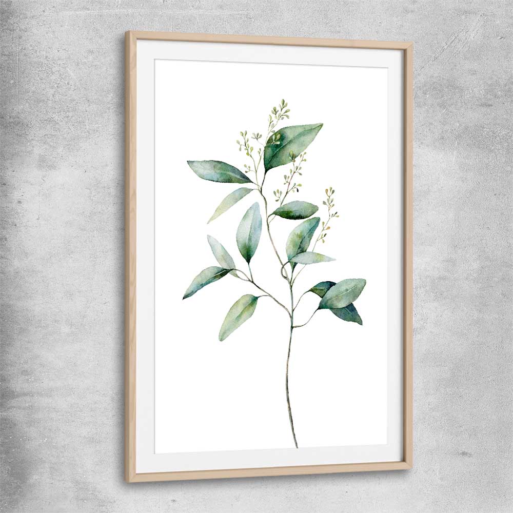 Floral print of Eucalyptus Two with raw oak glass front frame