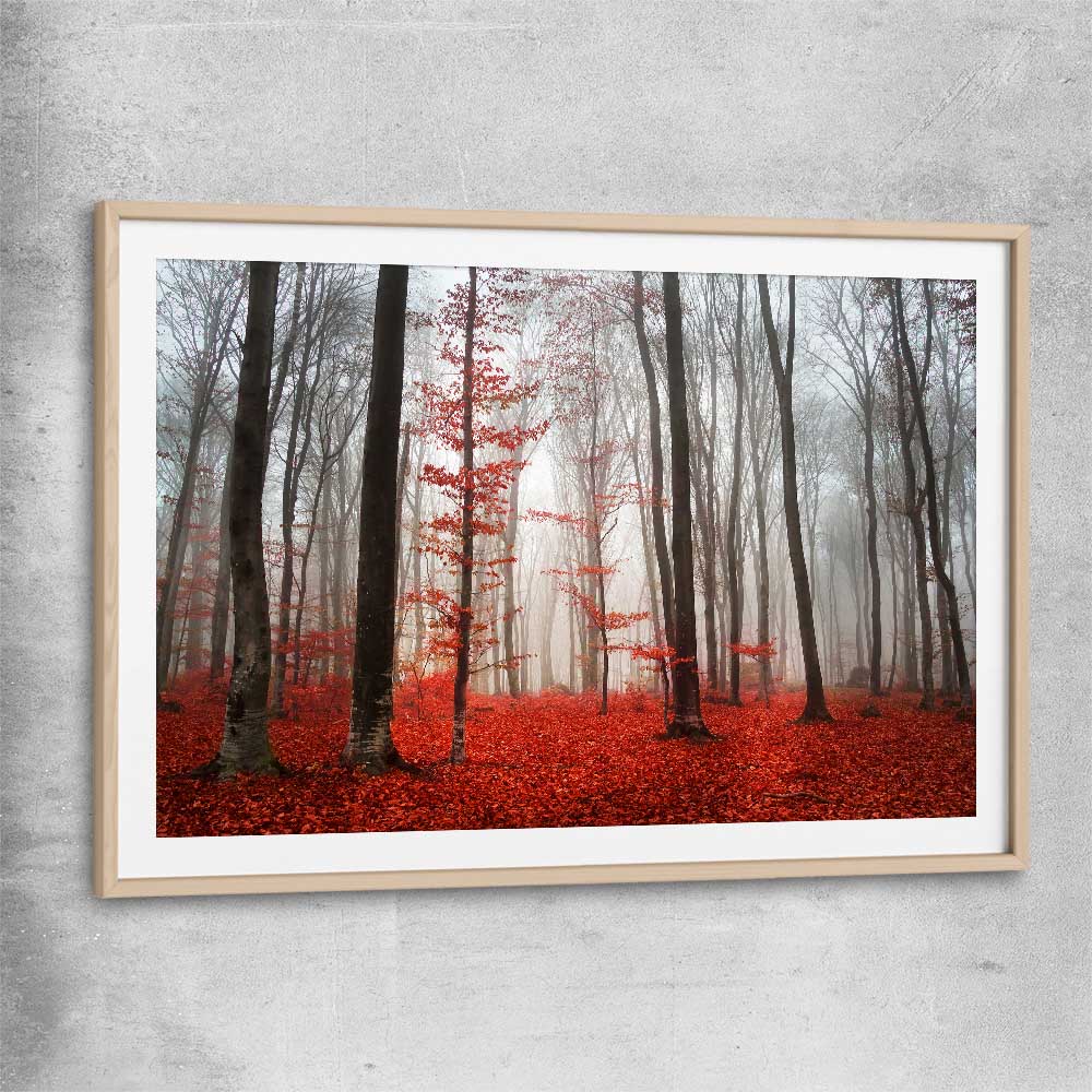 Floral print of Foggy Autumn Forest with raw oak glass front frame