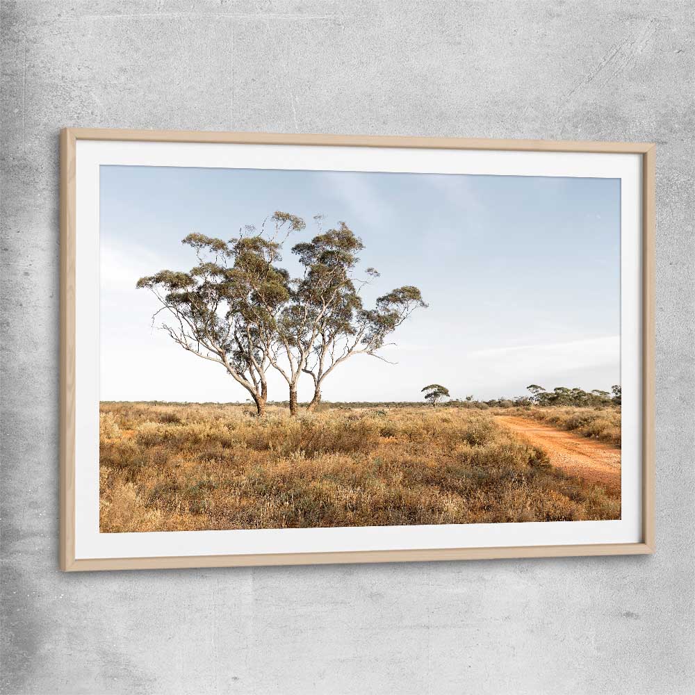 Floral print of Grassy Tufts with raw oak glass front frame