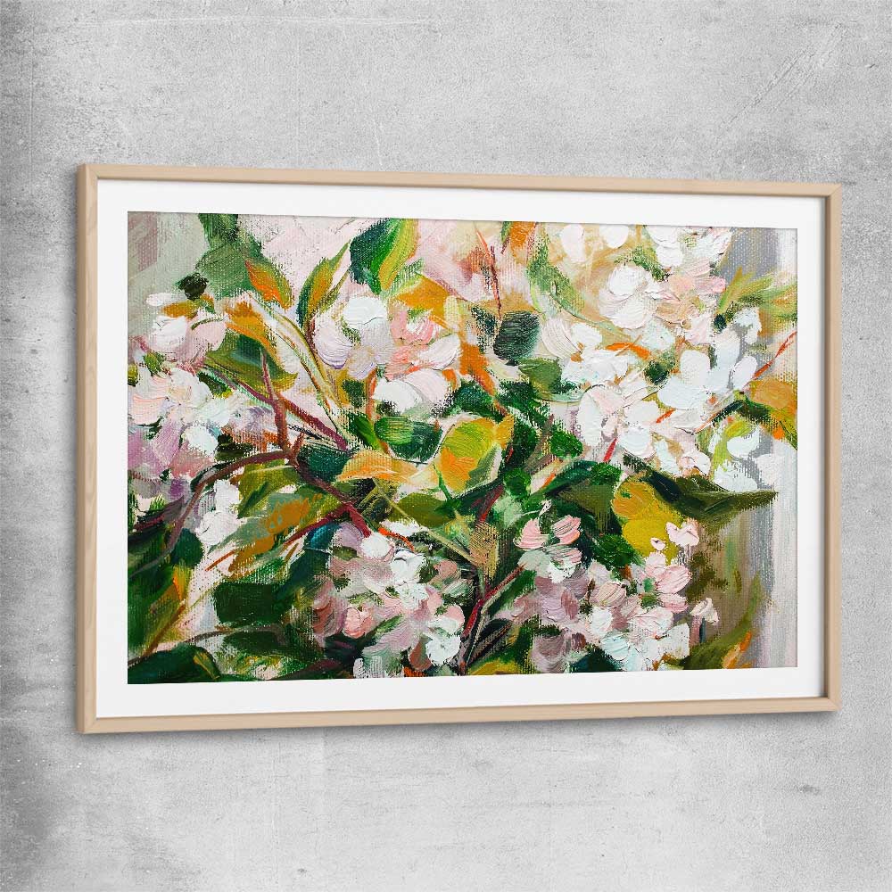 Floral print of Green Blossom with raw oak glass front frame
