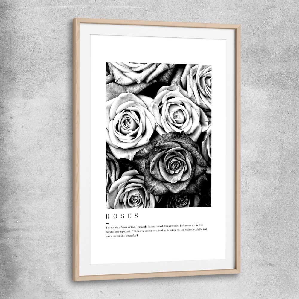 Floral print of Grey Flowers Typo with raw oak glass front frame