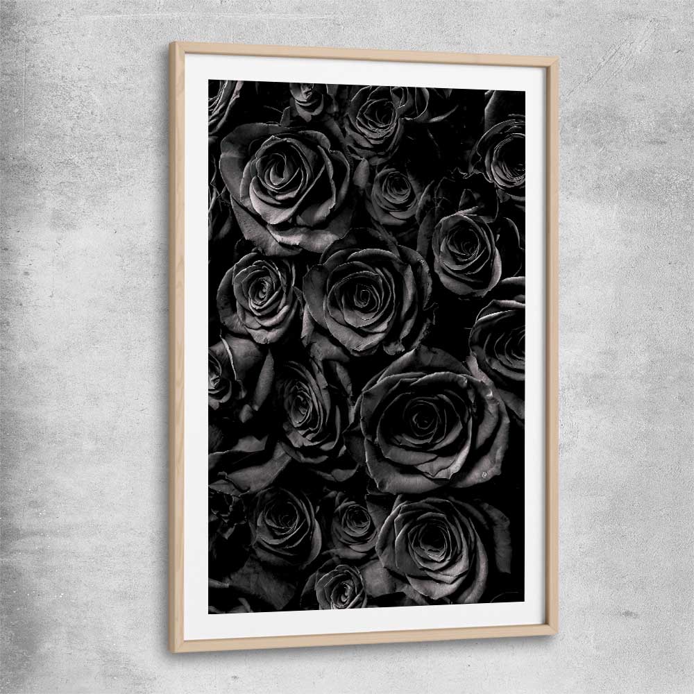 Floral print of Hidden Roses with raw oak glass front frame