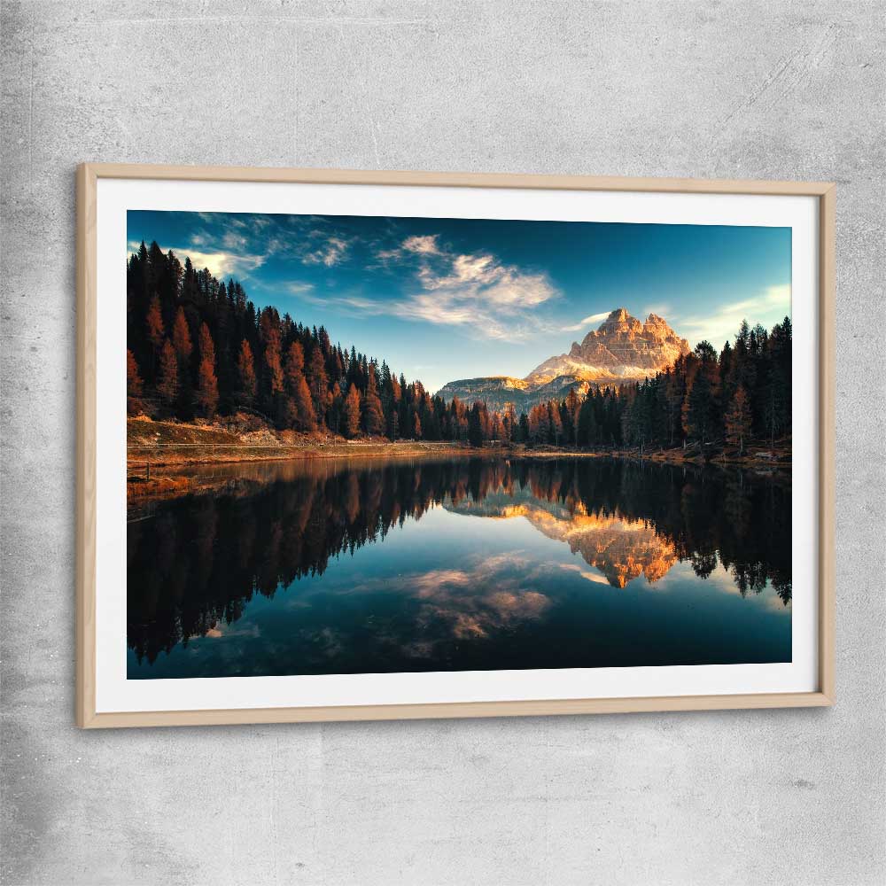 Floral print of Lago Antorno with raw oak glass front frame