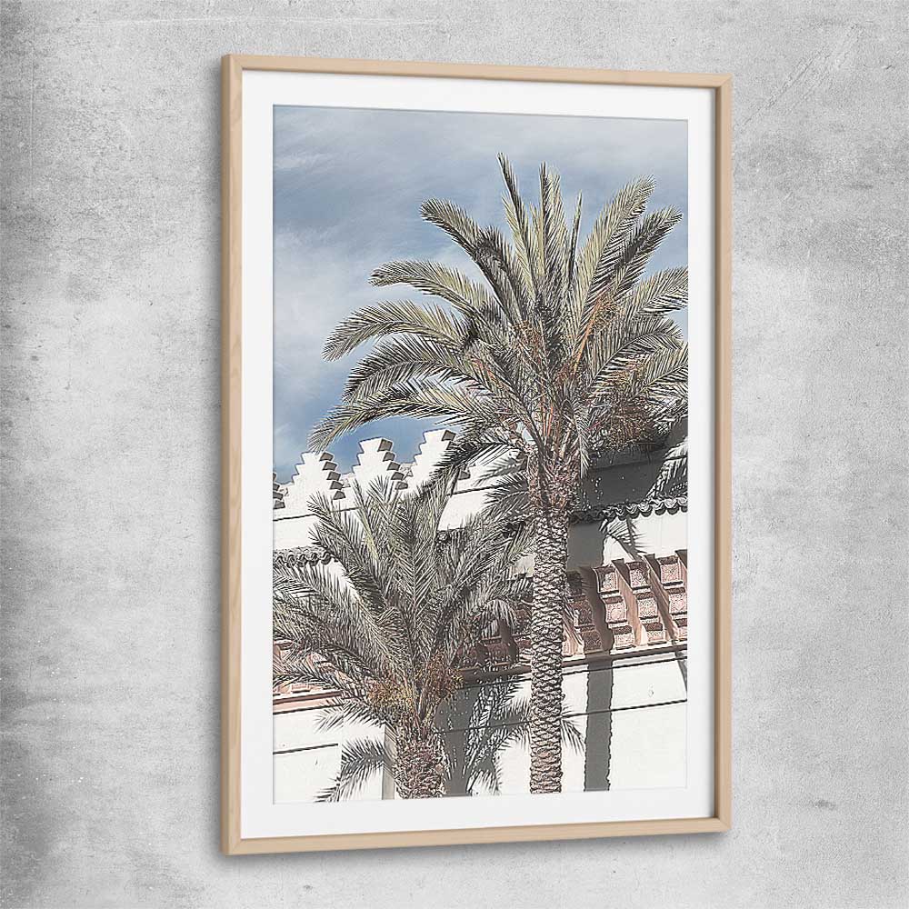 Floral print of Marrakesh Palms with raw oak glass front frame