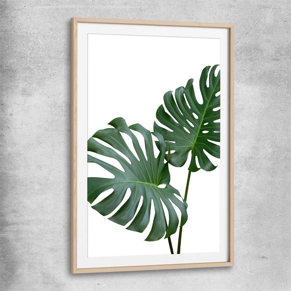 Floral print of Monstera Leaf One with raw oak glass front frame