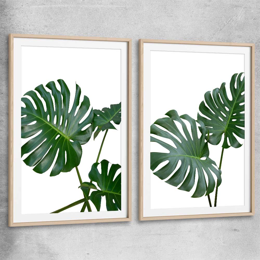 Floral print of Monstera Leaf Pair with raw oak glass front frame