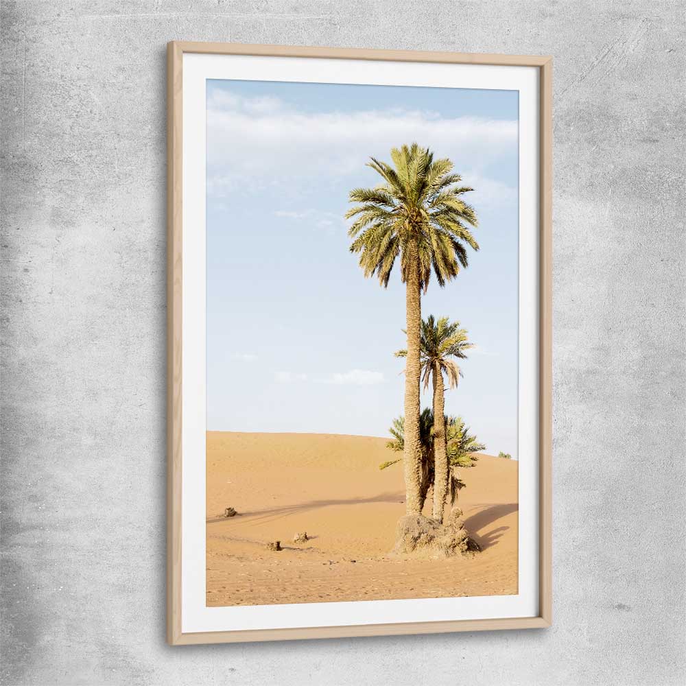 Floral print of Moroccan Palms with raw oak glass front frame