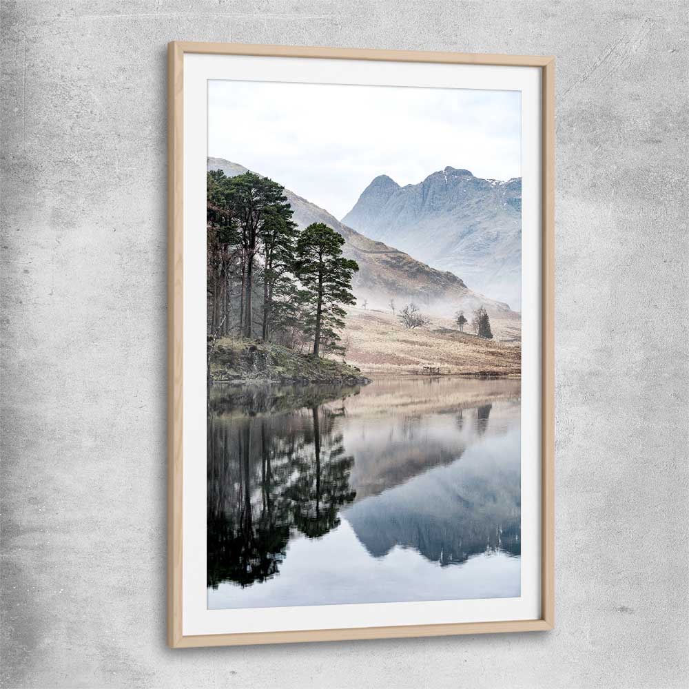 Floral print of Mountain Fog with raw oak glass front frame