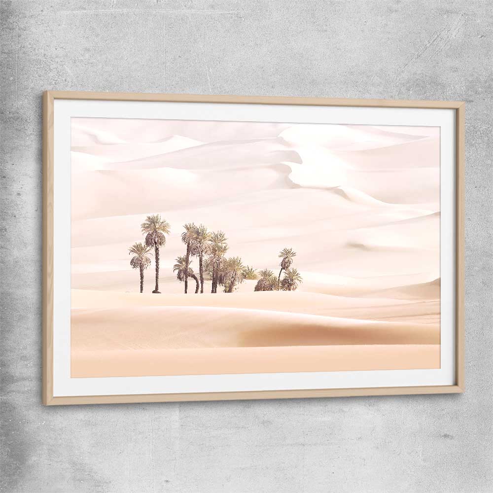 Floral print of Oasis Dunes with raw oak glass front frame