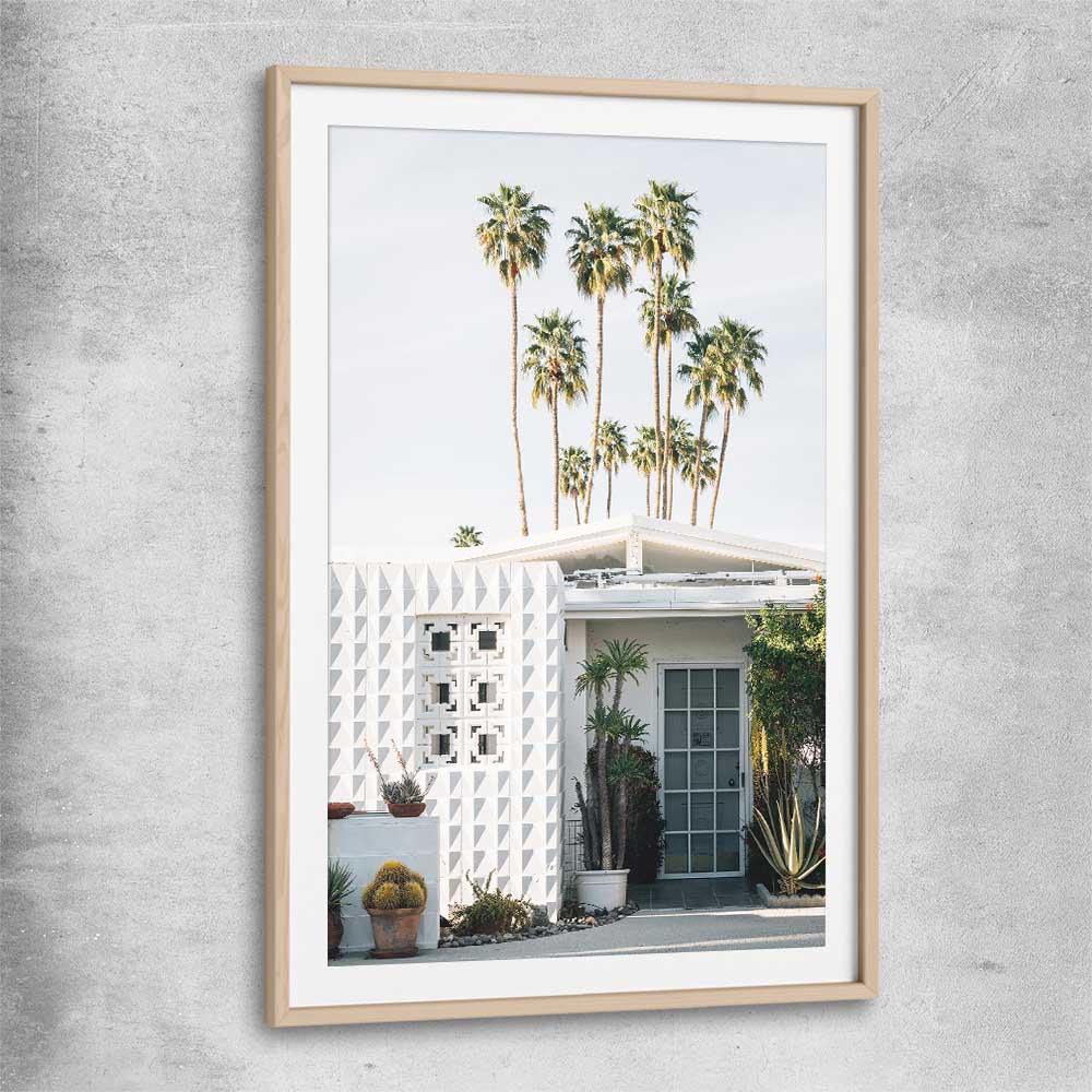 Floral print of Palm Springs Sky with raw oak glass front frame