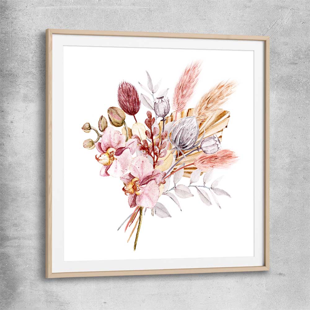 Floral print of Pampas Bunch with raw oak glass front frame