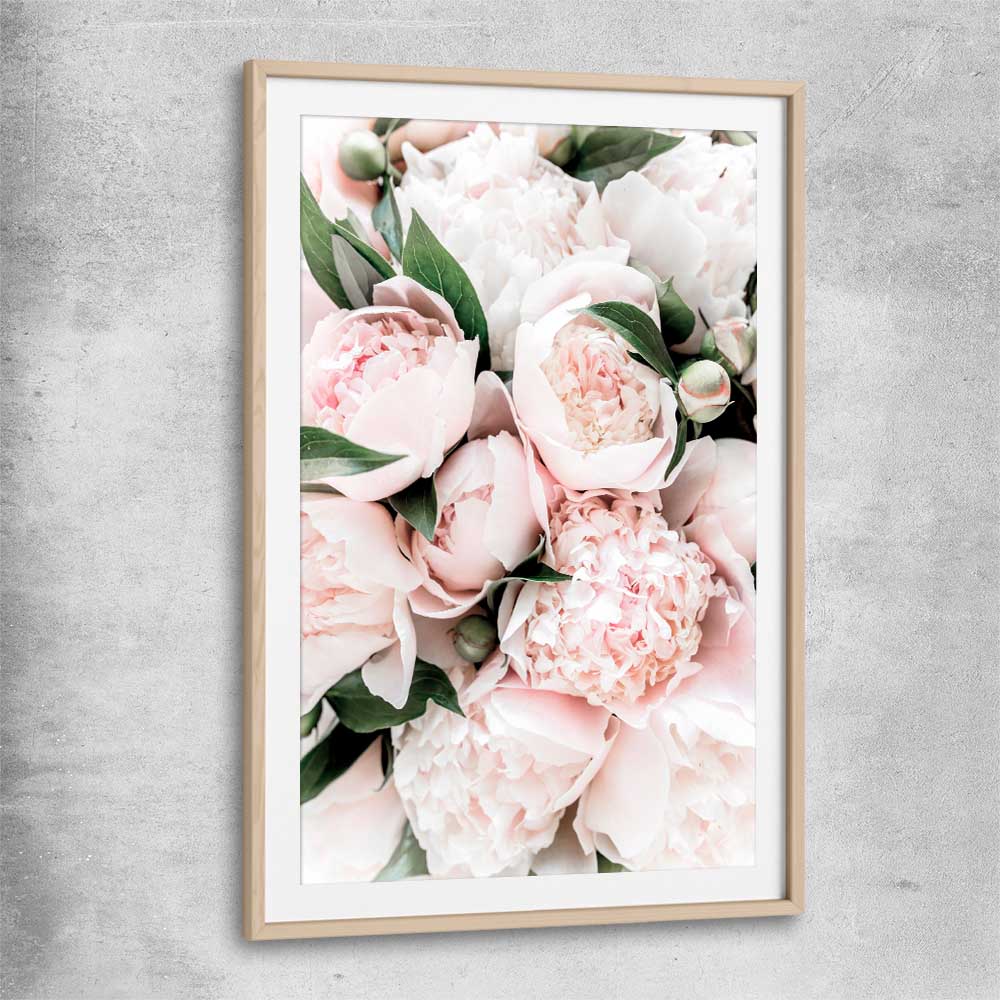 Floral print of Pink Peonies with raw oak glass front frame