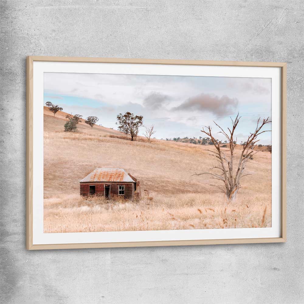 Floral print of Rural Farmhouse with raw oak glass front frame
