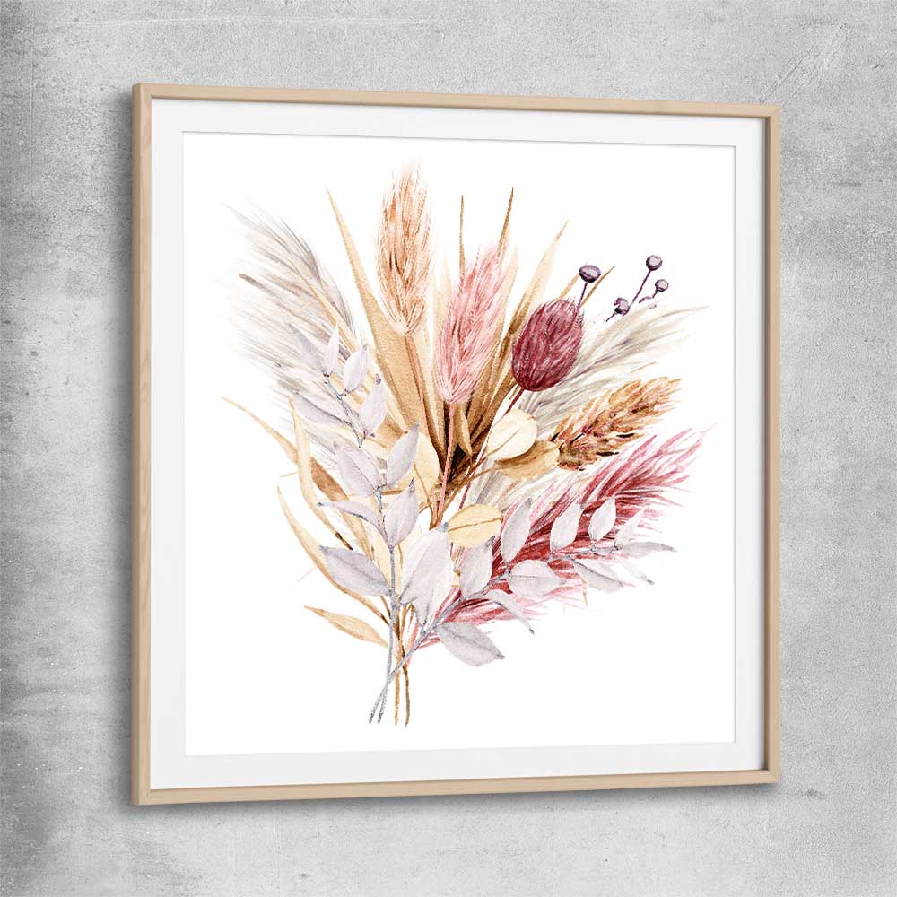 Floral print of Rustic Pampas with raw oak glass front frame