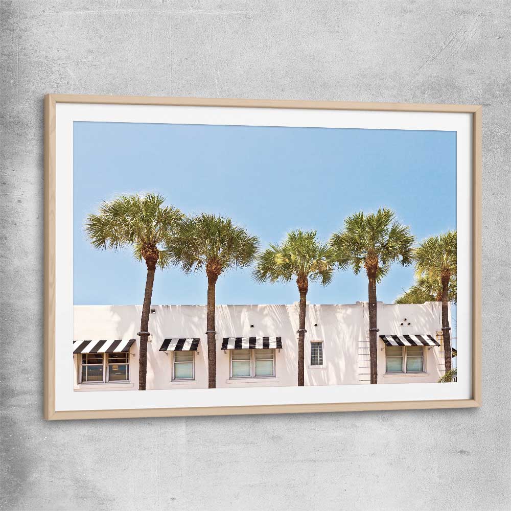 Floral print of South Miami Palms with raw oak glass front frame