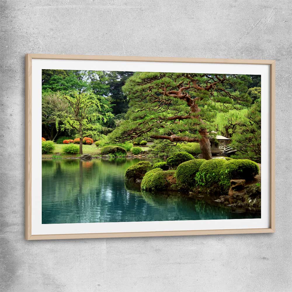Floral print of Tokyo Bonsai Lake with raw oak glass front frame